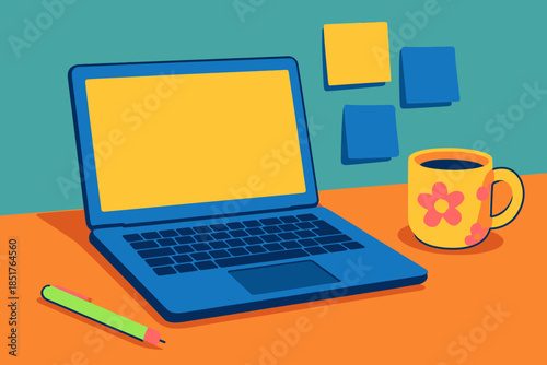 Laptop Coffee and Notes A Productive Workspace Illustration.