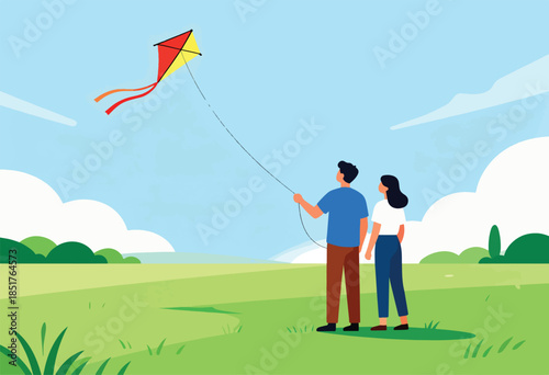 Couple flying a kite in a grassy field with rolling hills under a blue sky