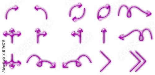 A collection of various purple arrow icons and symbols, including curved, circular, swirly, and directional pointers, set against a white background.