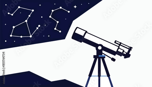 Telescope observing constellations and stars in a dark night sky