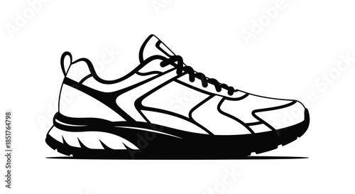 Detailed black and white illustration of a running shoe athletic footwear silhouette