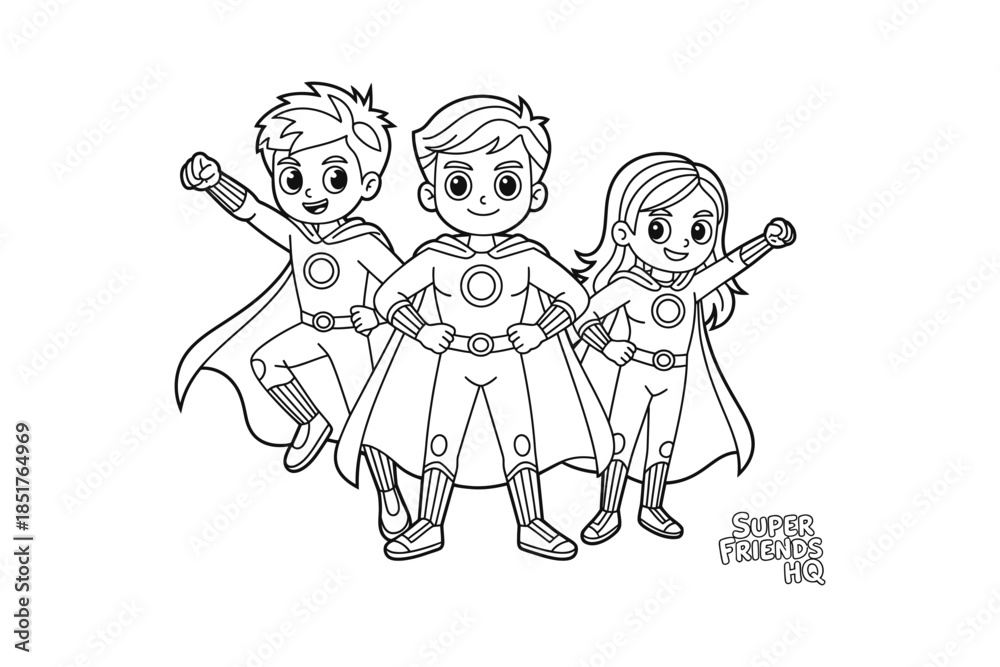 Naklejka premium Three Superhero Kids Standing Together in Black and White Illustration
