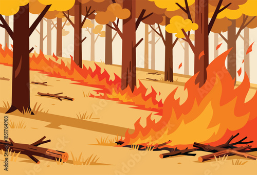 A forest ablaze with flames, trees silhouetted against an orange sky