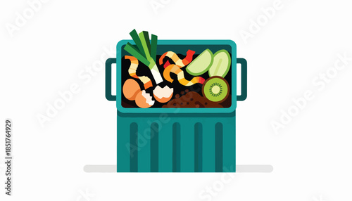 Teal bin filled with organic waste leek, eggshells, kiwi, cucumber