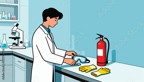 A scientist prepares for an experiment in a laboratory with safety equipment ready