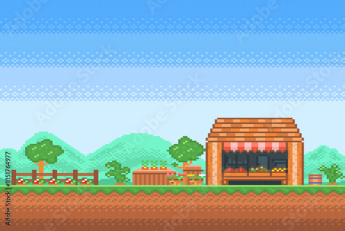 Seed shop with a vegetable plot nearby on blue sky background. pixel art vector illustration, classic 1985 NES era 2D side-scrolling platformer game style.