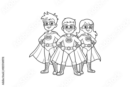 Three cartoon superheroes standing together in a line smiling confidently