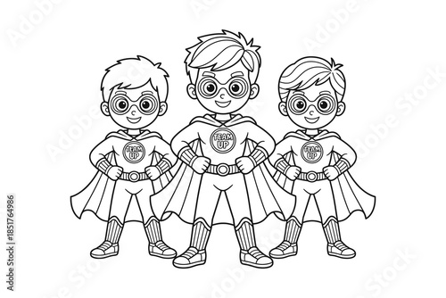 Three boys dressed as superheroes in colorful costumes and capes smiling