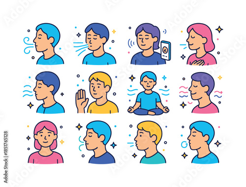 Colorful Breathwork Icons. Breathwork. Colorful isometric vector