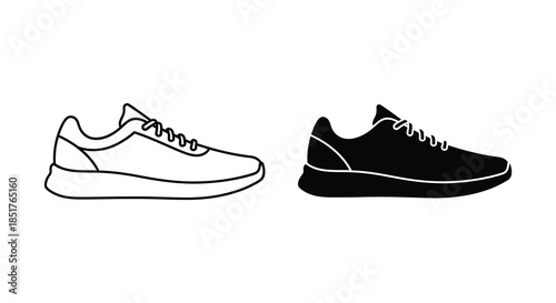 Two sneaker designs one outlined and one solid presenting contrasting footwear styles silhouette