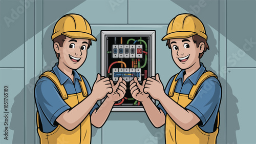 Two smiling men in hard hats and overalls give thumbs up near an electrical panel