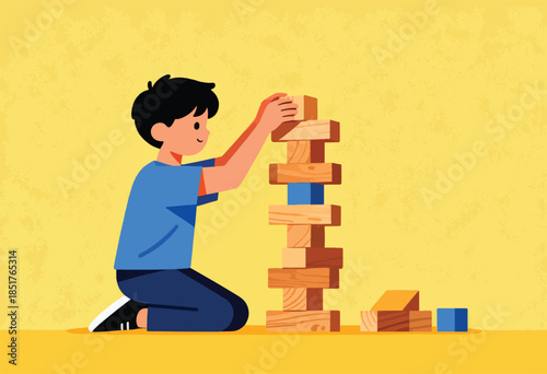 Young boy kneeling, carefully stacking wooden blocks, creating a tall tower