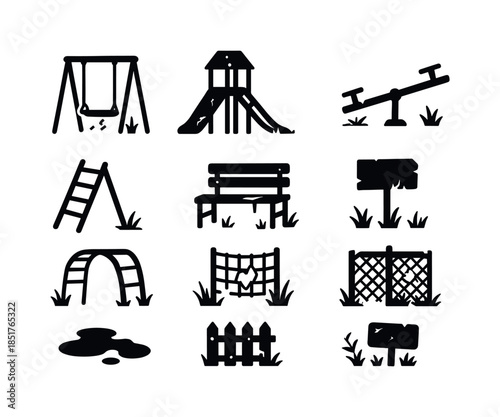 Abandoned Playground Icons. Dilapidated playground. Solid icon s