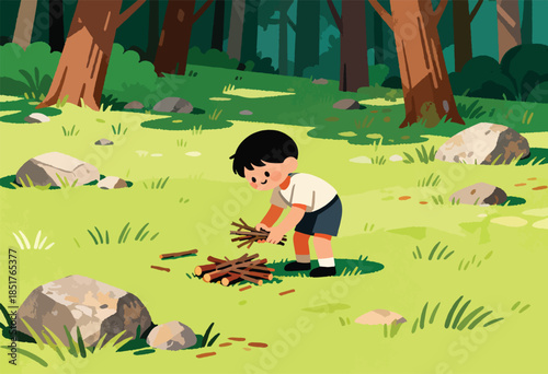 Child collecting wood in a forest clearing