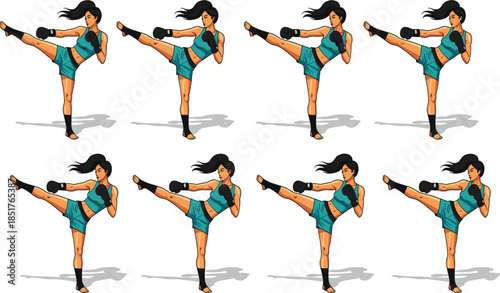 Set of Female Kickboxer Illustrations Performing High Kick for Martial Arts Training and Women Fitness Gym Branding.