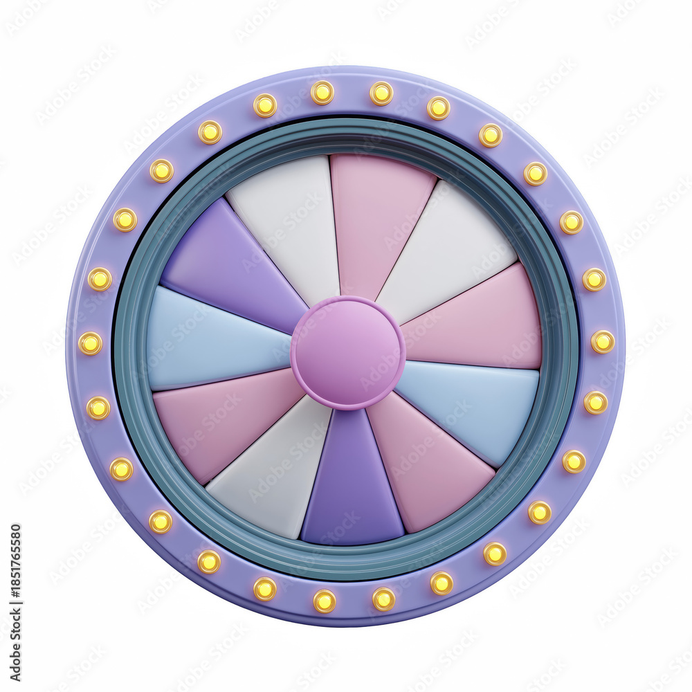 Obraz premium 3D pastel prize wheel close-up with marquee lights, isolated on transparent background.