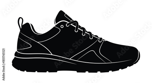 A striking black and white depiction of a running shoe in minimalist silhouette