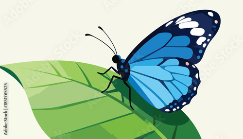 Bright blue butterfly rests on a textured green leaf with light background