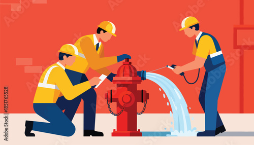 Workers operating a fire hydrant with water spraying out