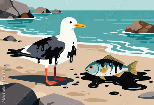 Oil spill contaminates a beach, affecting a seagull and fish