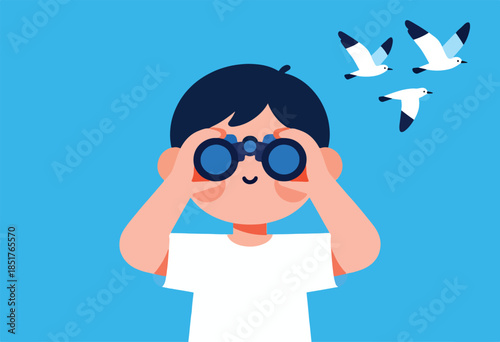 Young person looks through binoculars at flying birds