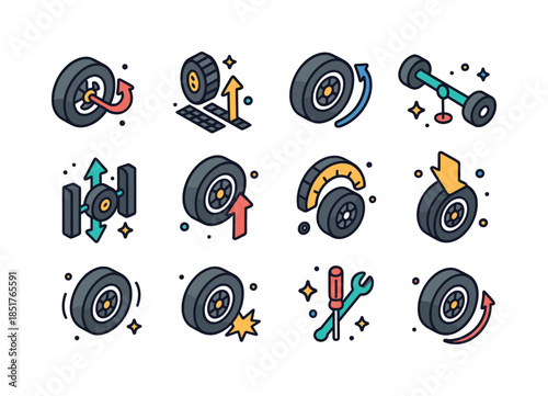 Colorful Wheel Dynamics Icons. Wheel dynamics. Colorful isometri
