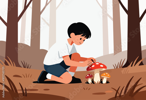 Young boy crouches down in a forest, curiously observing three colorful mushrooms growing in the dirt