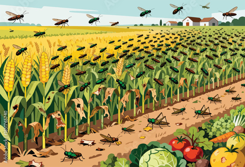 Swarm of insects devours ripening cornfield crops near farm buildings
