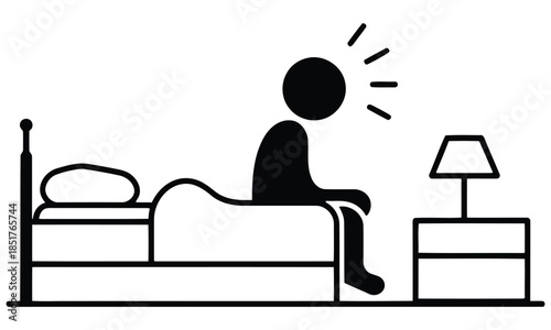 Stressed person sitting on bed with head in hands vector illustration