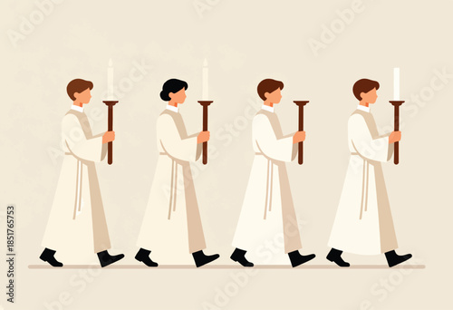 Four figures in white robes walk in procession, each carrying a lit candle