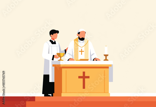 Clergy members in formal attire stand near an altar during a religious service