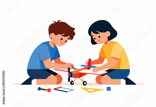Two children intently assemble a model airplane, surrounded by tools