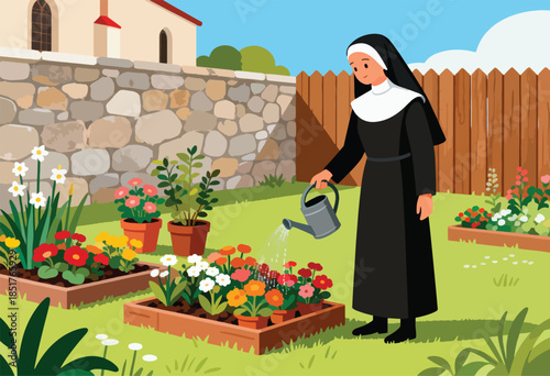 Nun waters blooming flowers in a garden beside a stone wall