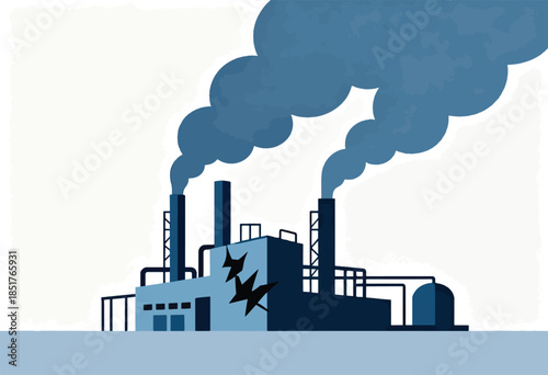 Industrial facility emitting dark smoke, with a damaged section and storage tank