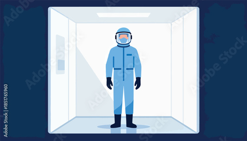 Person in protective suit inside a sterile white room