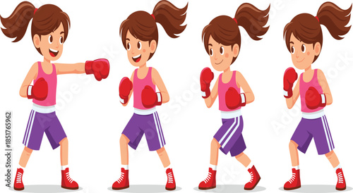 Set of Four Little Girl Boxing Character Poses with Pink Top and Red Gloves for Kids Sports and Self Defense Branding.