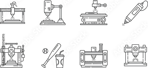 CNC Laser Cutting Machine Icon Set Industrial Manufacturing Outline Vector