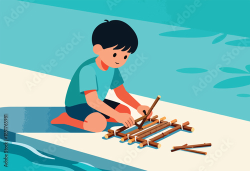 Young boy creating a raft with sticks by the water