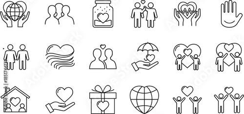 Charity Love Care Icon Set Black Outline Community Support Donation Vector
