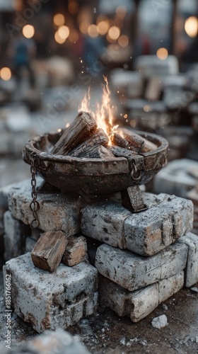 Warm fire in a metal bowl on stacked bricks, soft evening lights