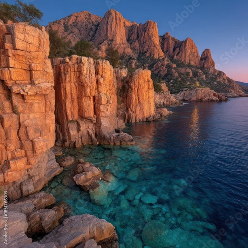 Warm light bathes rugged coastal cliffs and clear turquoise ocean water