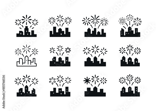 Festive Skyline Emblems. Holiday fireworks exploding over a city