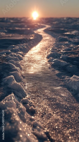 Winding icy path glows under a golden sunset in frozen wilderness