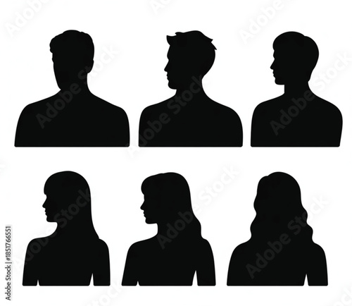 Diverse Collection of Six Black Silhouettes Featuring Male and Female Head and Shoulder Profiles for Social Media Avatars, Identity Design, and User Interface Icons.