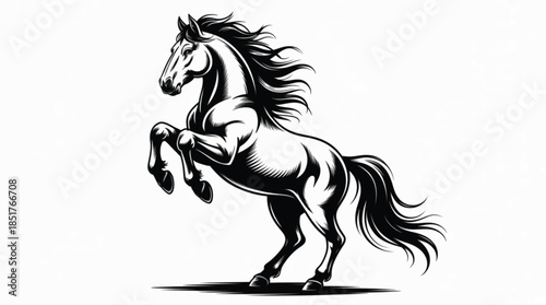Powerful Black and White Woodcut Illustration of a Rearing Stallion Horse with a Flowing Mane and Tail for Equestrian Sports and Ranch Branding.