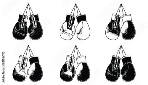 Set of Six Black and White Boxing Glove Pairs in Different Shading Styles for Sports Branding, Fitness Logos, and Combat Athletics Design.