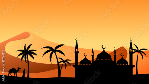 Desert landscape illustration with silhouette mosque and palm tree