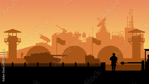 Military base landscape illustration with headquarter and armament