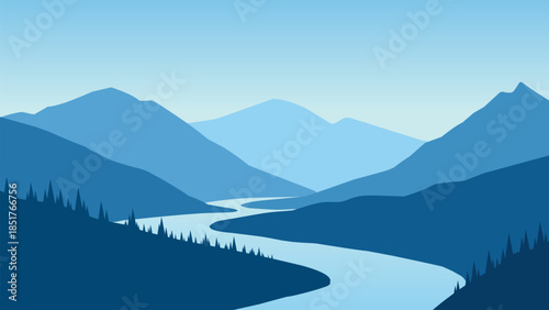 River landscape illustration with mountain range and ridges