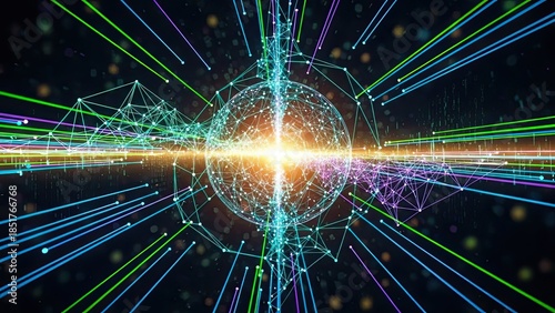 Vibrant network visualization with glowing connections and lines radiating from a central point
